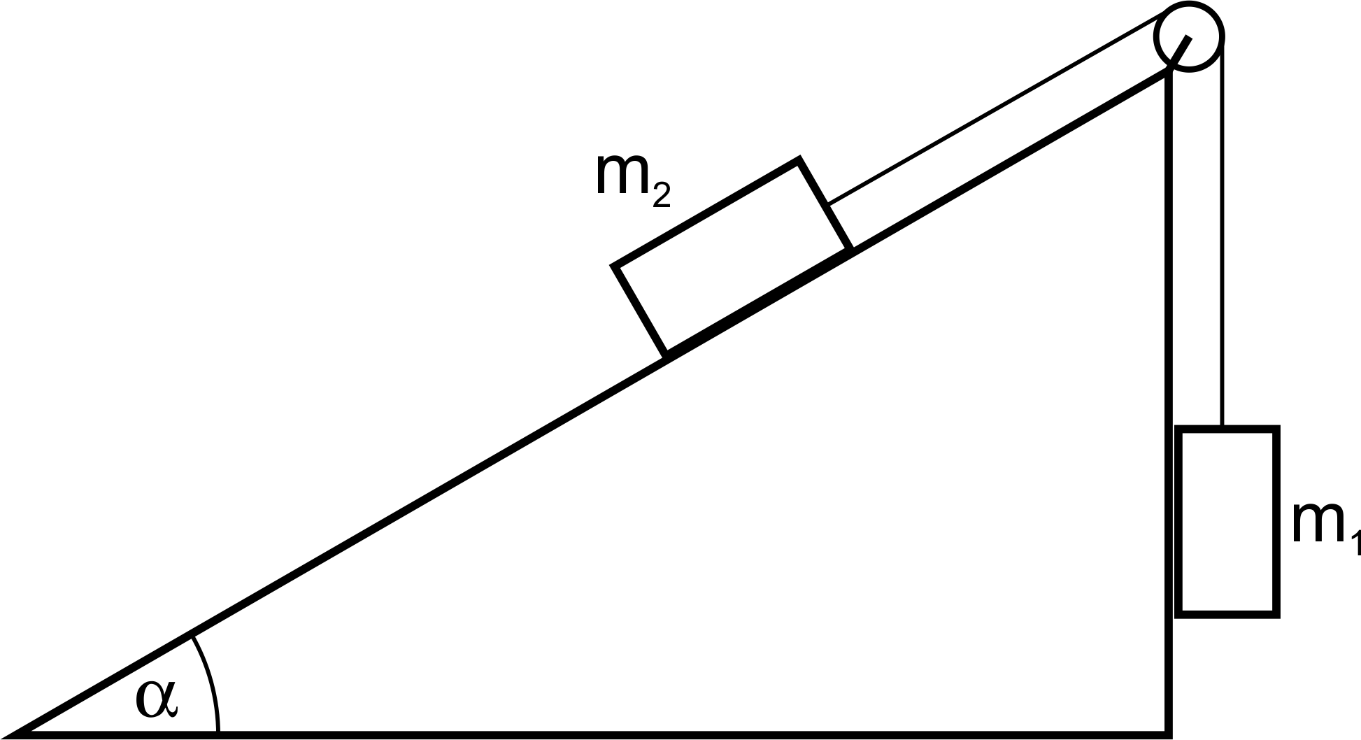 Układ dw&oacute;ch ciał połączonych nicią przez bloczek na r&oacute;wni pochyłej